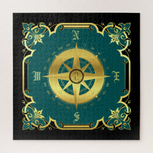 Nautische Kompass-Silhouette/Gold/Schwarz/Aqua Puzzle