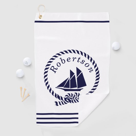 Nautische Küstenbezeichnung Sailboat Navy Blue Golfhandtuch (Insitu)