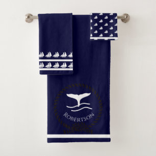 Nautische Küstenbezeichnung Sailboat Whale Navy Bl Badhandtuch Set