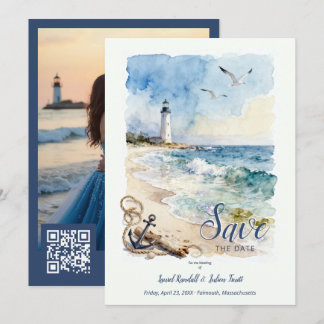 Nautische Leuchtturm-Wasserfarben-Hochzeitsfoto TL Save The Date