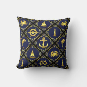 Nautische Marine/Gold/Delphin/Segelboot/Anker/Krab Kissen