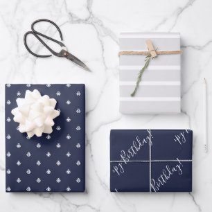 Nautische Marine & Light Grau Geburtstagsgrauer Wr Geschenkpapier Set