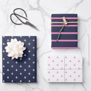 Nautische Marine und Rosa Geschenkpapier Set