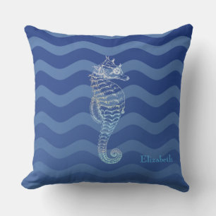 Nautische marineblaue Wellen, Seepferdchen Kissen