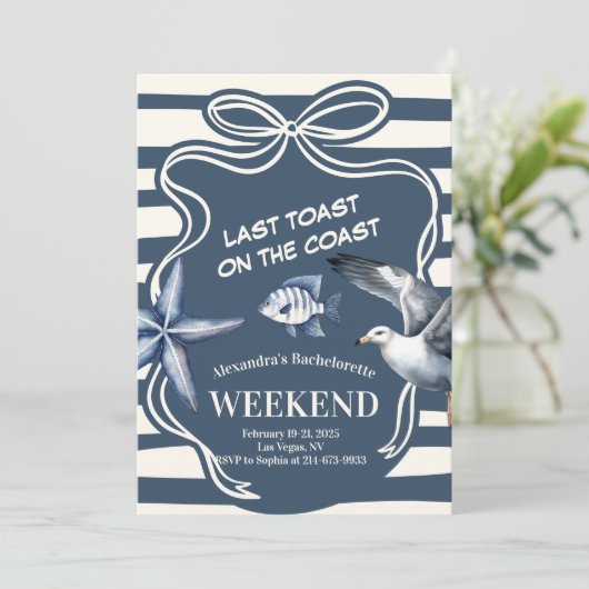 Nautische Marineküste Bachelorette Einladung (Stehend Vorderseite)