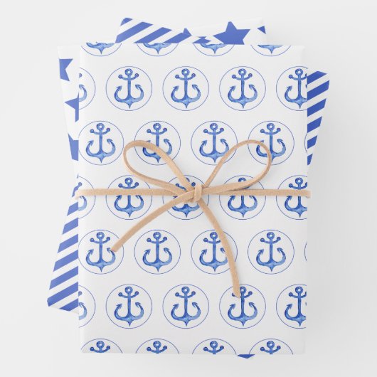 Nautische Marinemuster: Anker, Streifen und Sterne Geschenkpapier Set (Beispiel)