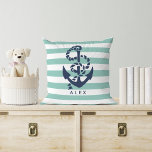 Nautische Minenleiste und Navy Anchor Personalisie Kissen<br><div class="desc">Das Nautical-throw-Kissen bietet einen klassisch marineblauen Anker und eine Seilabilderung auf einem minzgrünen und weißen Streifen Hintergrund. Personalisieren Sie Ihre Auswahl mit einem Namen oder Text Ihrer Wahl,  oder löschen Sie einfach den Beispieltext,  um leer verlassen. Ideal als Ergänzung zu Wassersport- oder Strandthemen-Kinderzimmern. Coordinieren Zubehör in unserem Shop!</div>