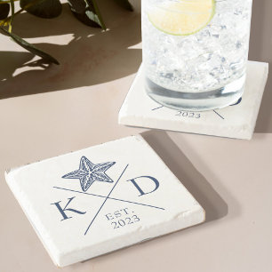 Nautische Monogram Starfish Navy Stone Untersetzer
