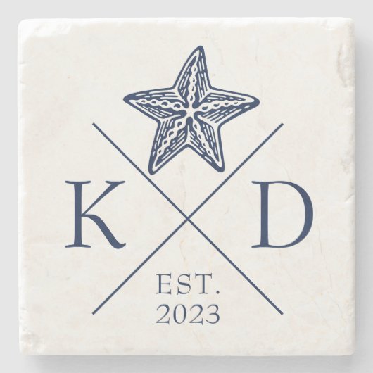 Nautische Monogram Starfish Navy Stone Untersetzer (Vorderseite)