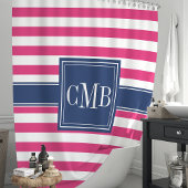 Nautische Monogramm aus heiß rosa und navy Streife Duschvorhang
