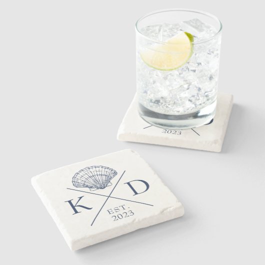 Nautische Monogramm-Muschel Navy Stone Untersetzer (Seitenansicht)