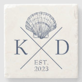 Nautische Monogramm-Muschel Navy Stone Untersetzer (Vorderseite)