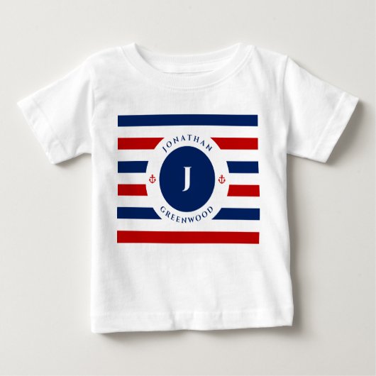 Nautische Monogramm Navy Blue Red White Stripes Baby T-shirt (Vorderseite)