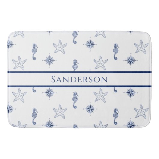Nautische Monogramm Seepferd Starfish Navy Blue Sh Badematte (Vorderseite)