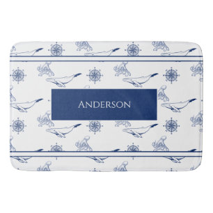 Nautische Monogramm Wale und Oktopus Marine Weiß Badematte