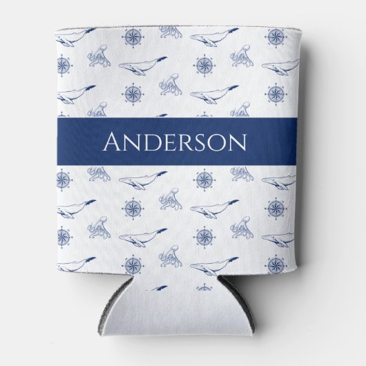 Nautische Monogramm Wale und Oktopus Marine Weiß Dosenkühler (Vorderseite)