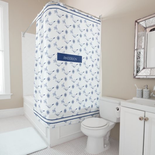 Nautische Monogramm Wale und Oktopus Marine Weiß Duschvorhang (Beispiel)