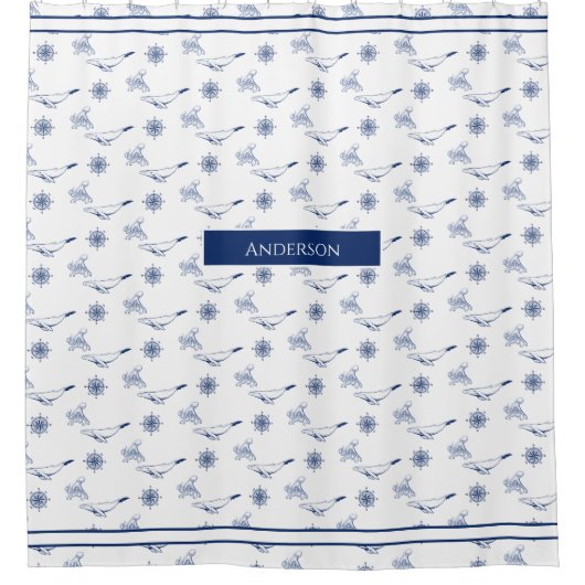 Nautische Monogramm Wale und Oktopus Marine Weiß Duschvorhang (Vorderseite)