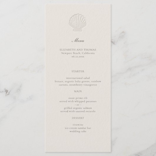 Nautische Muschel an der Küste Klassischer feierli Menükarte (Vorderseite)