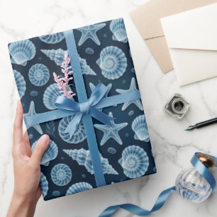 Nautische Muschel Seestern Blau und Weiß Geschenkpapier
