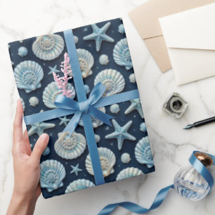 Nautische Muschel Seestern Blau und Weiß Geschenkpapier