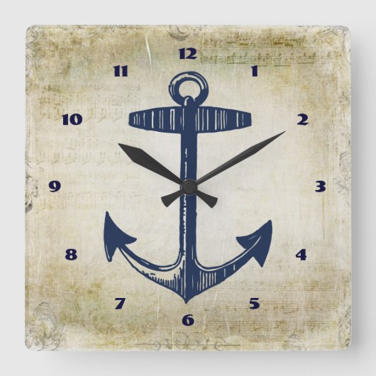 Nautische Navy Anchor erschütterte musikalische No Quadratische Wanduhr (Vorderseite)