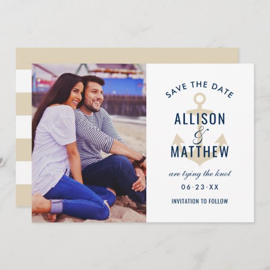 Nautische Navy Beige Anchor Wedding Foto Save The Date (Vorne/Hinten)