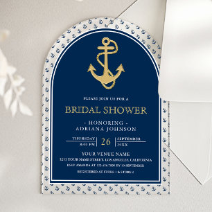 Nautische Navy Blau Gold Anker Bogen Brautparty Acryleinladungen