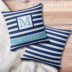 Nautische Navy-Blau-Streifen Familienname Monogram Kissen