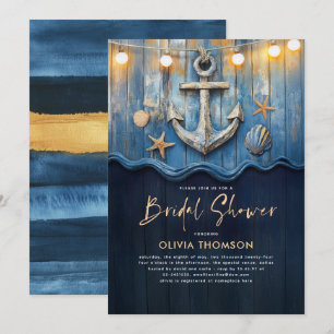 Nautische Navy-Blau und Gold-Anker-Brautparty Einladung