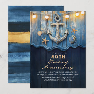 Nautische Navy-Blau- und Goldene Hochzeit-Jubiläum Einladung
