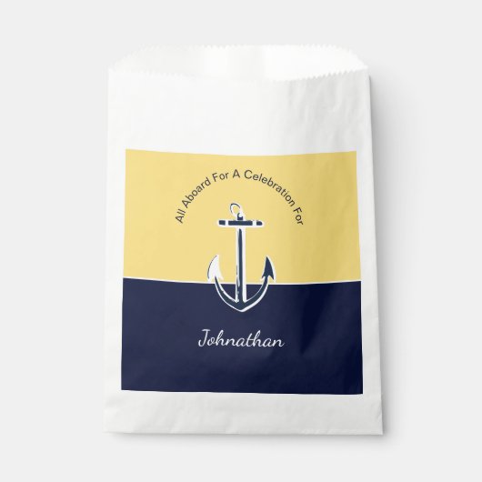 Nautische Navy Blau und Senf Yellow Anchor Party Geschenktütchen (Vorderseite)