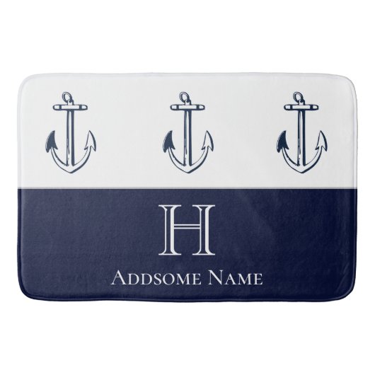 Nautische Navy Blue Anchor Coastal Mit Monogramm Badematte (Vorderseite)