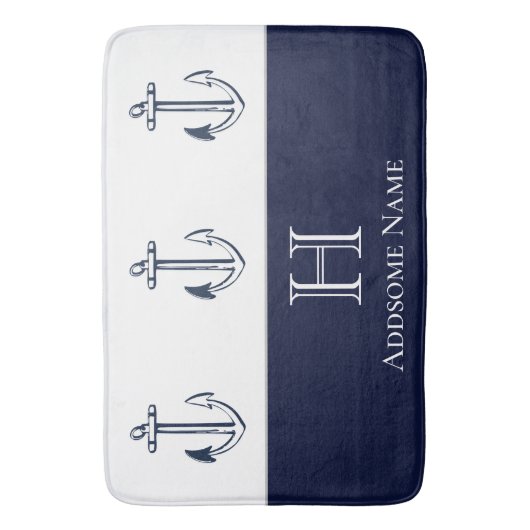Nautische Navy Blue Anchor Coastal Mit Monogramm Badematte (Vorderseite Vertikal)
