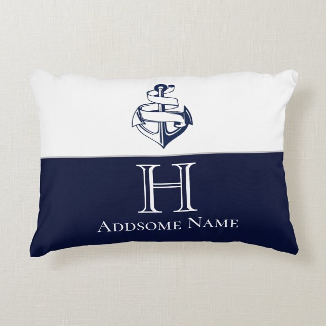 Nautische Navy Blue Anchor Coastal Mit Monogramm Dekokissen (Vorderseite)