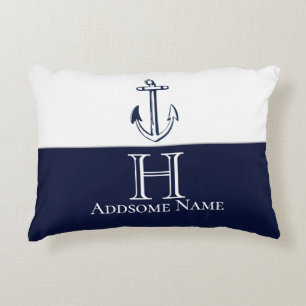 Nautische Navy Blue Anchor Coastal Mit Monogramm Dekokissen