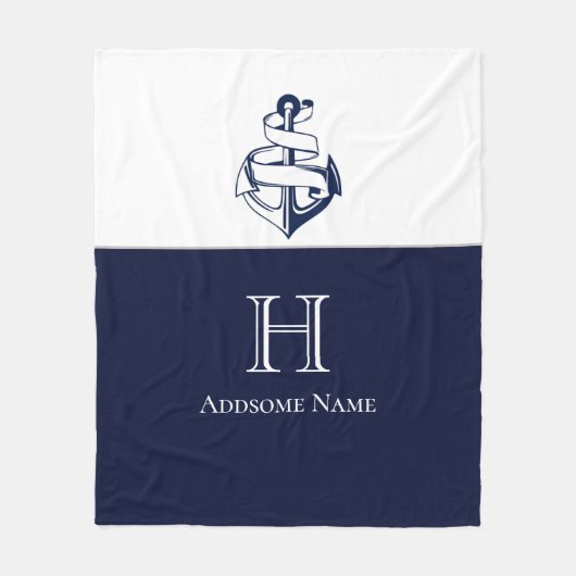 Nautische Navy Blue Anchor Coastal Mit Monogramm Fleecedecke (Vorderseite)