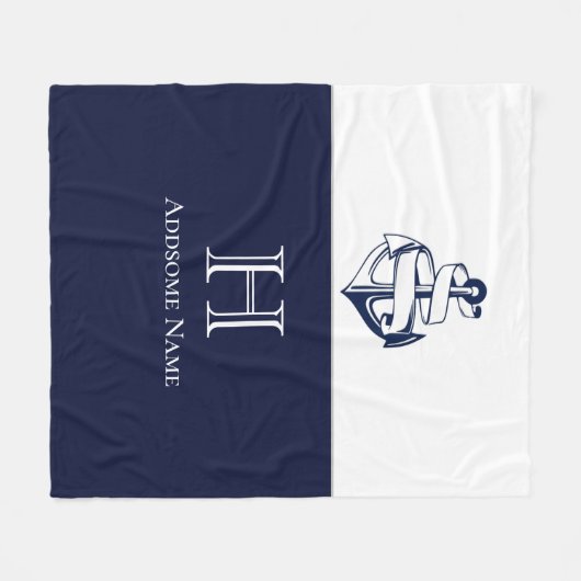 Nautische Navy Blue Anchor Coastal Mit Monogramm Fleecedecke (Vorderseite (Horizontal))