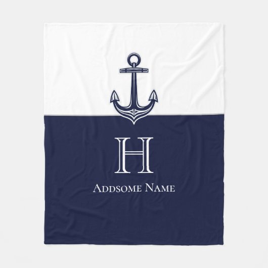 Nautische Navy Blue Anchor Coastal Mit Monogramm Fleecedecke (Vorderseite)