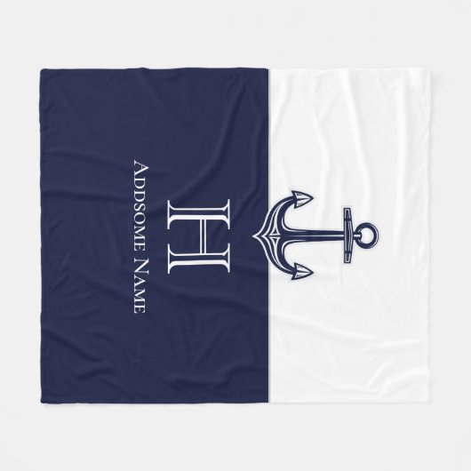 Nautische Navy Blue Anchor Coastal Mit Monogramm Fleecedecke (Vorderseite (Horizontal))
