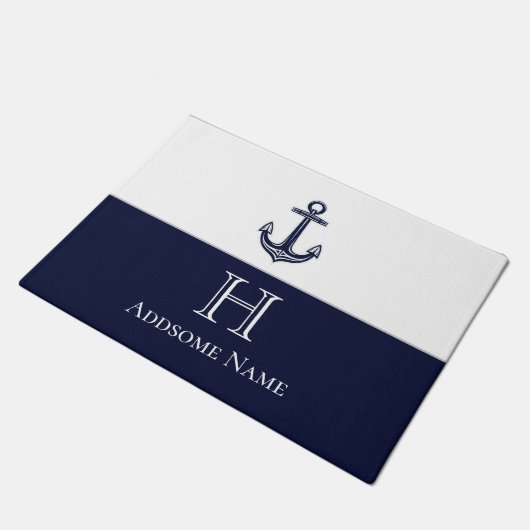 Nautische Navy Blue Anchor Coastal Mit Monogramm Fußmatte (Schrägansicht)