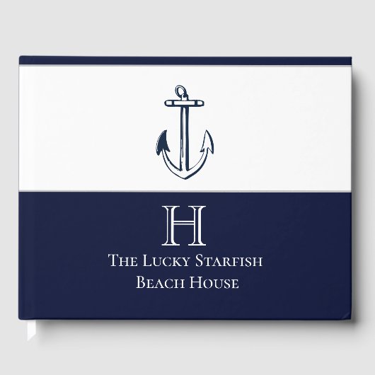 Nautische Navy Blue Anchor Coastal Mit Monogramm Gästebuch (Vorderseite)