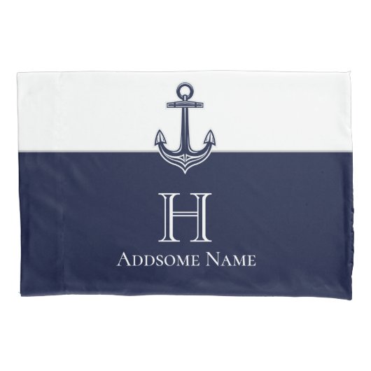 Nautische Navy Blue Anchor Coastal Mit Monogramm Kissenbezug (Vorderseite)