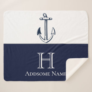 Nautische Navy Blue Anchor Coastal Mit Monogramm Sherpadecke