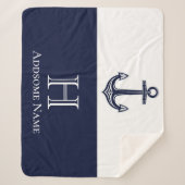 Nautische Navy Blue Anchor Coastal Mit Monogramm Sherpadecke (Vorderseite)