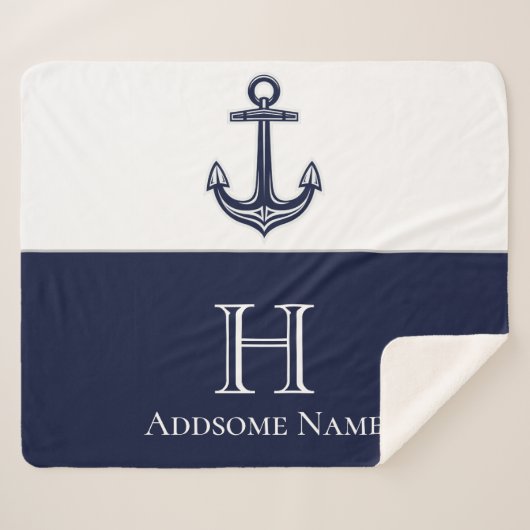 Nautische Navy Blue Anchor Coastal Mit Monogramm Sherpadecke (Vorderseite (Horizontal))