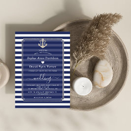 Nautische Navy Blue Stripes Silver Anchor Hochzeit Einladung