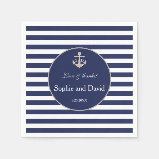 Nautische Navy Blue Stripes Silver Anchor Hochzeit Serviette (Vorderseite)