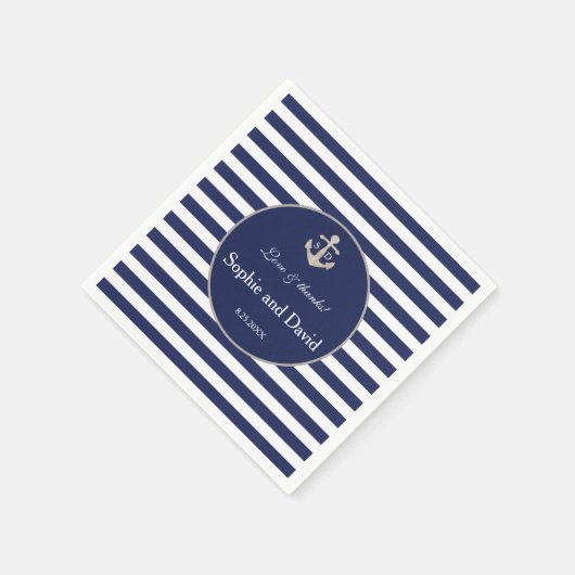 Nautische Navy Blue Stripes Silver Anchor Hochzeit Serviette (Ecke)