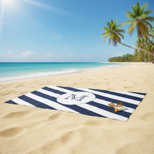 Nautische Navy Blue & White Strip Custom Monogram Strandtuch